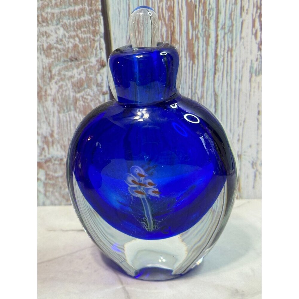 Vintage Cobalt Blue Millefiori Fower Perfume Bottle Art Glass with Stopper Empty - Picture 13 of 13